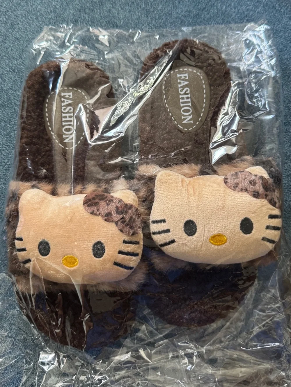 Hello Kitty Brown Plush Slippers with Cream Character Applique